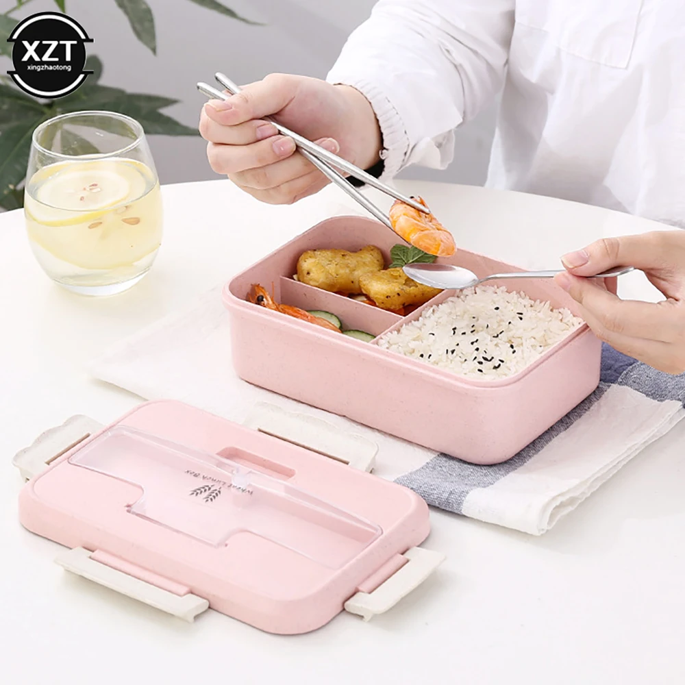 3Grid Microwave Lunch Box Wheat Straw Dinnerware Food Storage Container Children Kids School Office Bento Box Portable Lunch Bag