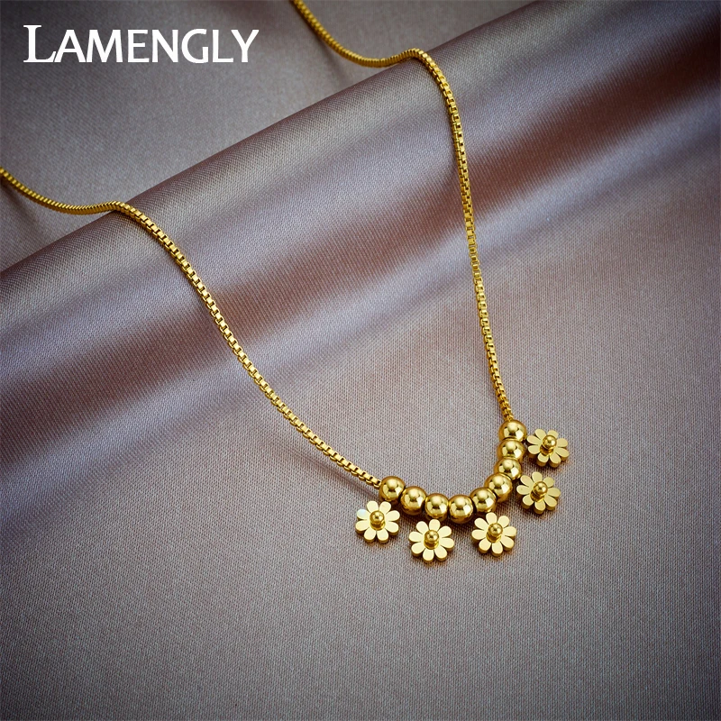 LAMENGLY 316L Stainless Steel Gold Color Flower Pendant Necklace For Women Girl New Clavicle Chain Non-fading Jewelry Gift Party