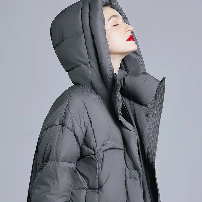 Winter Quilted Down Jacket Women Warm Hooded Mid-Length Puffer Jacket Single-Breasted High-Quality Luxury Trench Coat Windproof