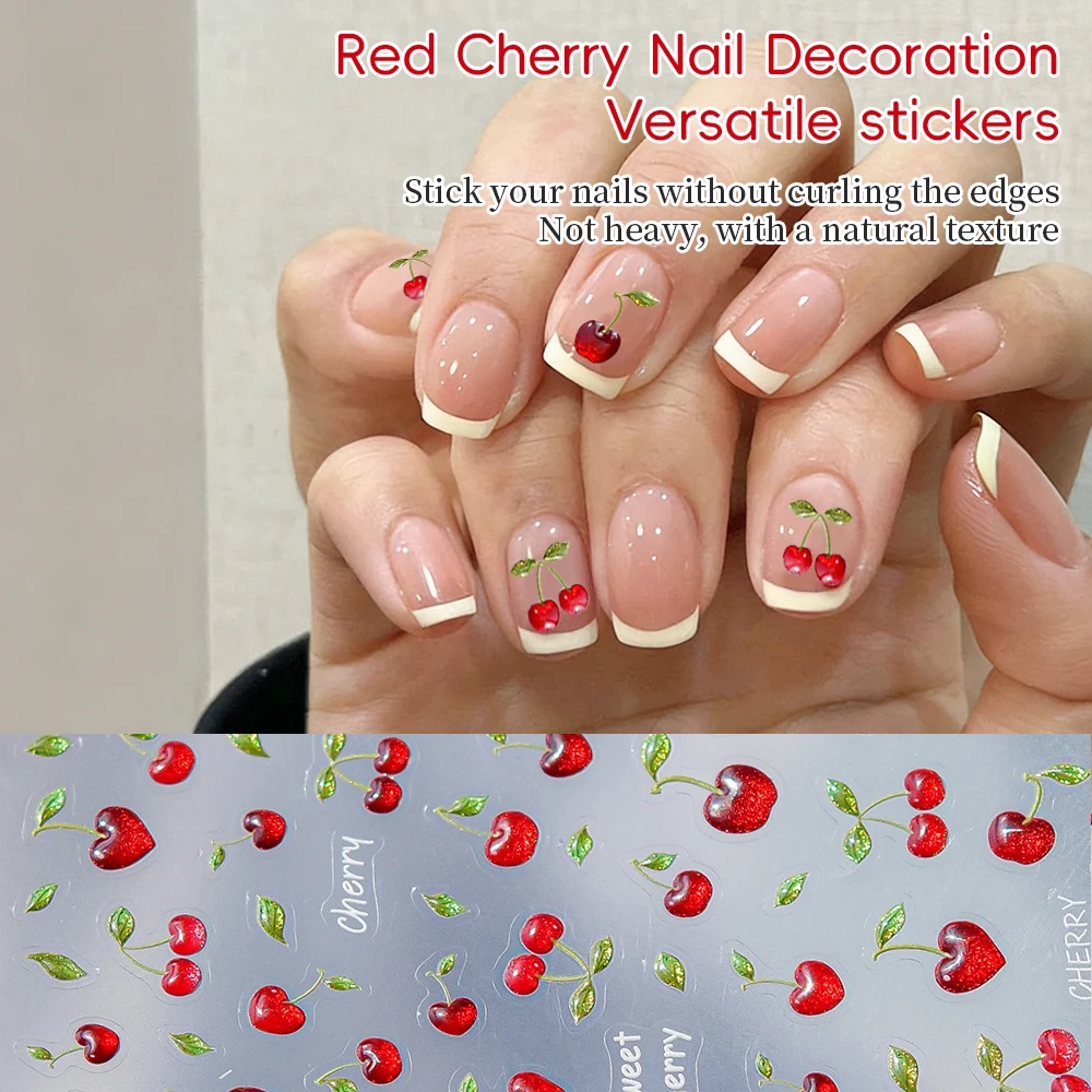 KANIU 1 Blatt 5D Süße Rote Kirsche Nagelkunst-Aufkleber Rot-Grüne Kirsche Nagelsticker Glitzer Geprägte Frucht-Nagelkunst-Dekorationen