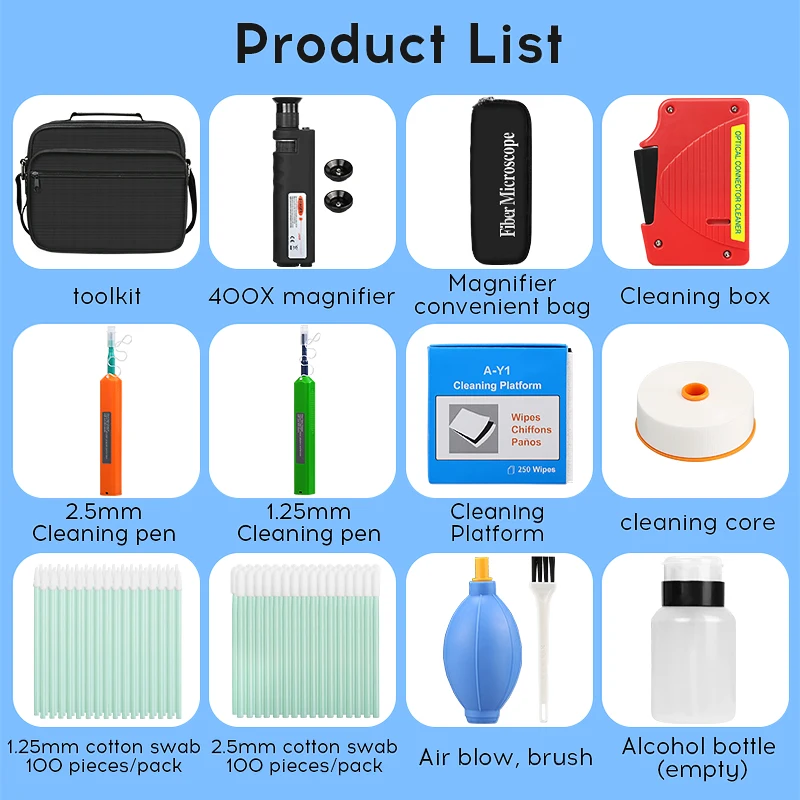400X Optical Fiber Magnifier Fiber Cleaning Box SC/FC/ST/LC 1.25MM/2.5MM Fiber Cleaner Pen Fiber Optic Cleaning Tool Kit