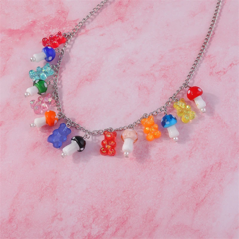 Fashion Mushroom Necklace Cartoon Candy Color Resin Animal Bear Pendant Necklace for Women Girl Party Jewelry Gifts