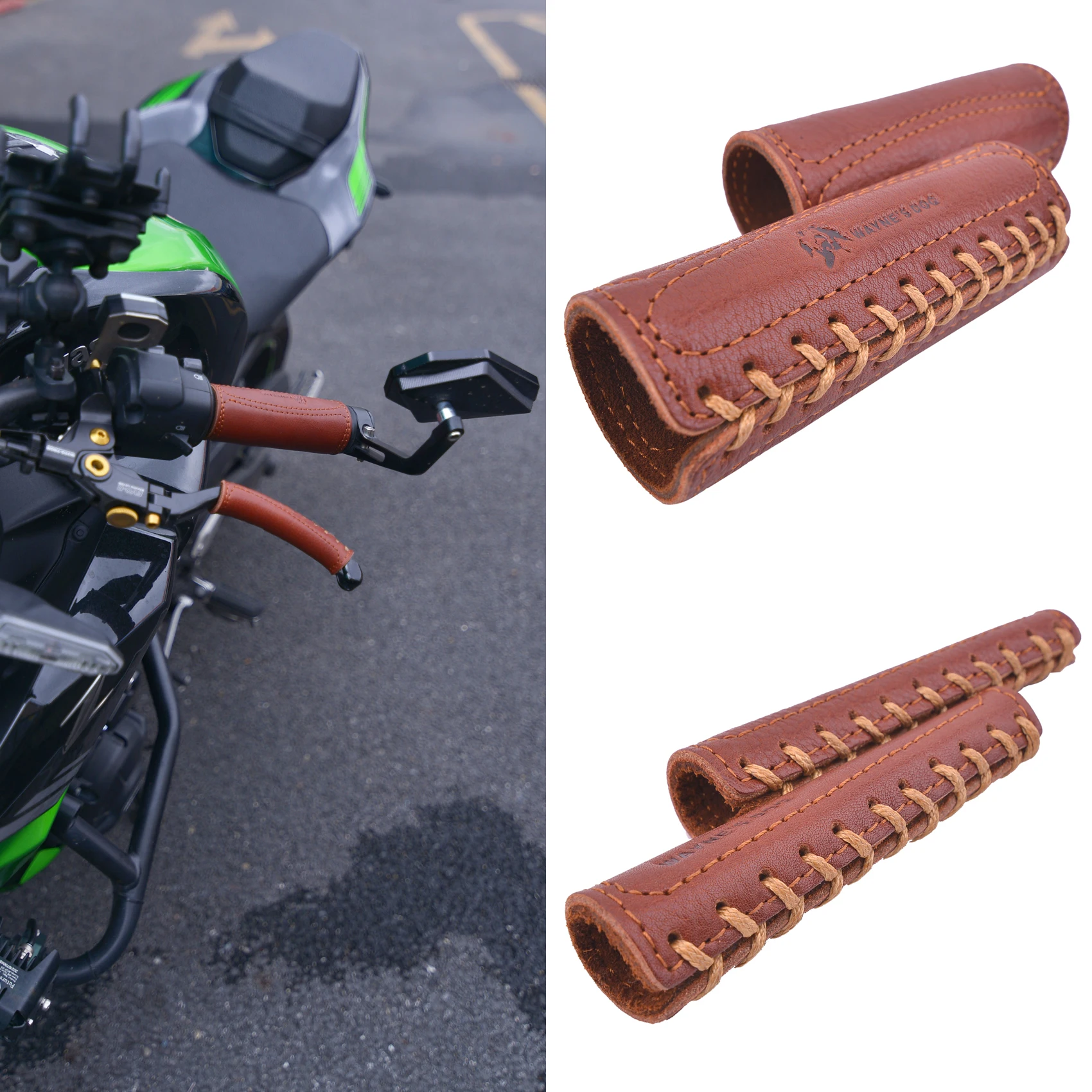 1 Combo of Real Leather Motorcycle Handlebar Grips Cover with Brake Clutch Covers Small Size Brown Black