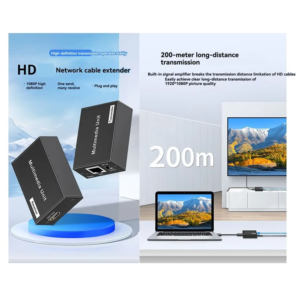 Punctual- HDMI-Compatible Network Cable Extender 200 Meters 1080p HD Audio and Video to RJ45 Network Transmitter US Plug