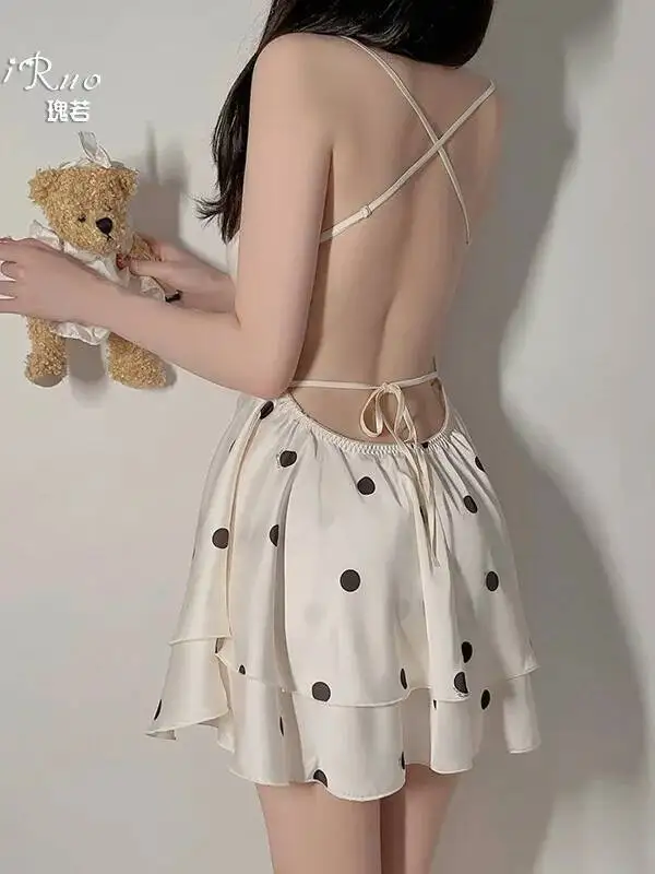 Abito in raso con stampa a pois dolce Elegante abito scollato imbottito con lacci senza schienale Abito da casa taglie forti Casaul Affascinante KZZM