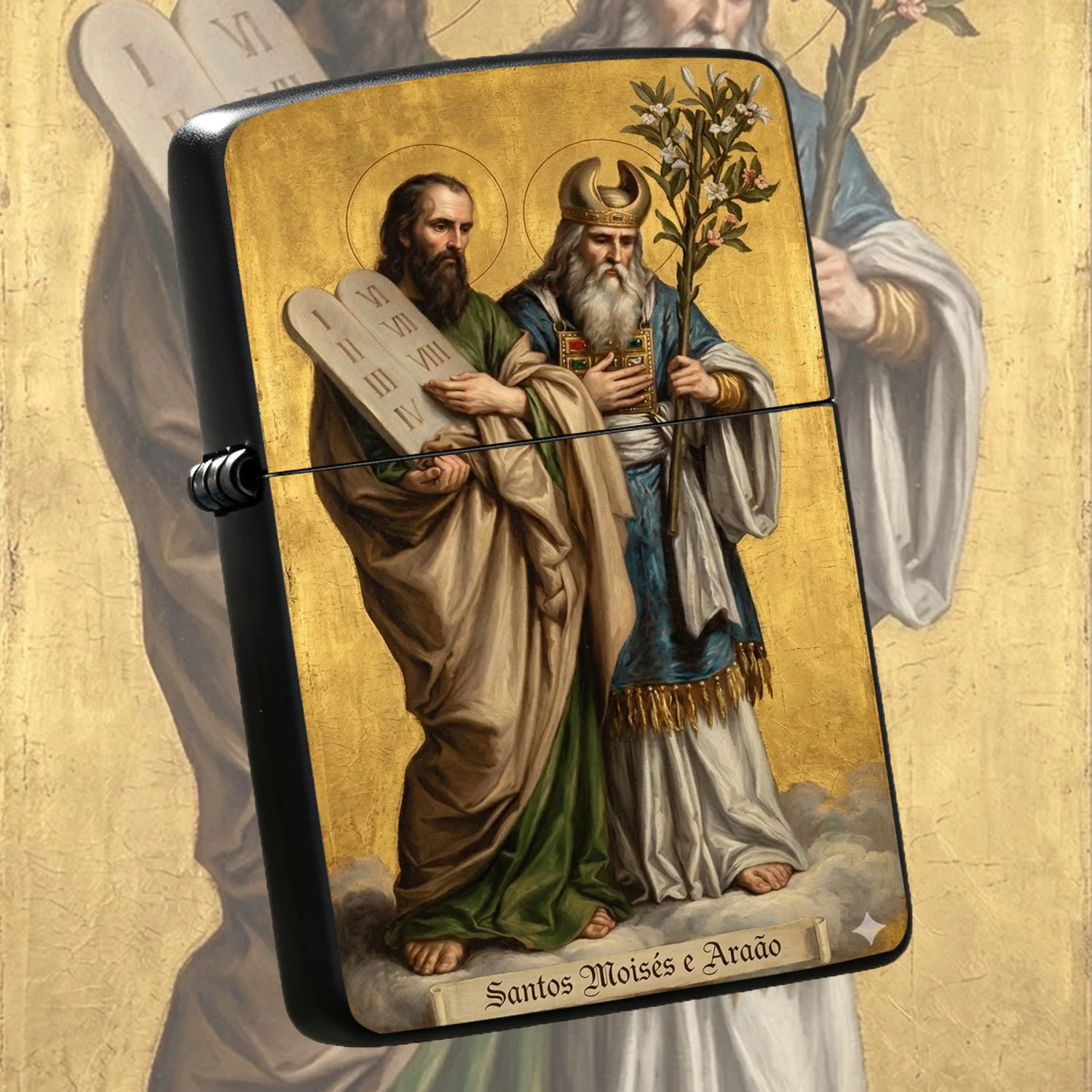 Vintage Religious Themed, Printed with Saints Moses and Aaron Golden Holy Icon, Durable Non-slip Sturdy Body, Normal Open Flame Fuel, Unique Creative Collectible Gift for Believers, Men and Elders for Daily Use and SPECIAL Occasions A fun a
