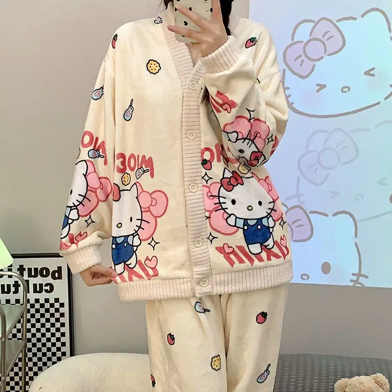 

Big 40-100KG New Anime Sanrio Women's Pajamas Hello Kitty Winter Cardigan Coral Fleece Sleepwear Cute Anime Home Cloth Nightgown