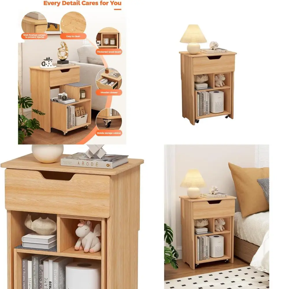 

Vintage Wooden Farmhouse Nightstand with Drawers and Rolling Shelf, Small Accent Table on Wheels for Bedroom and Living Room