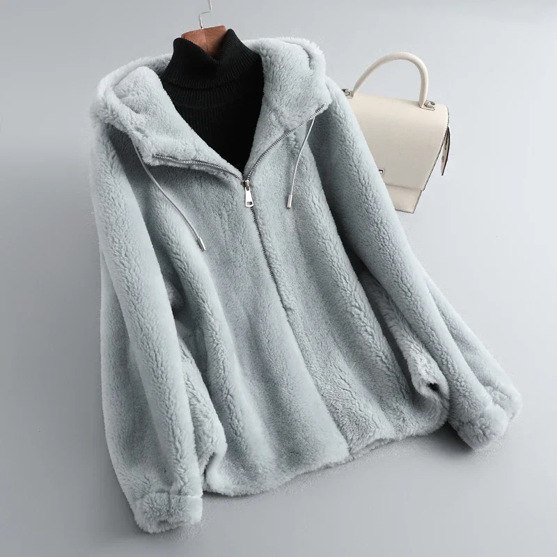 Imagem -02 - Ayunsue 100 Sheep Shearing Jaqueta Roupas Femininas Inverno Cabolsa de Pele Real Feminino Jaquetas de lã Solta com Capuz Abrigo Mujer Sqq1183