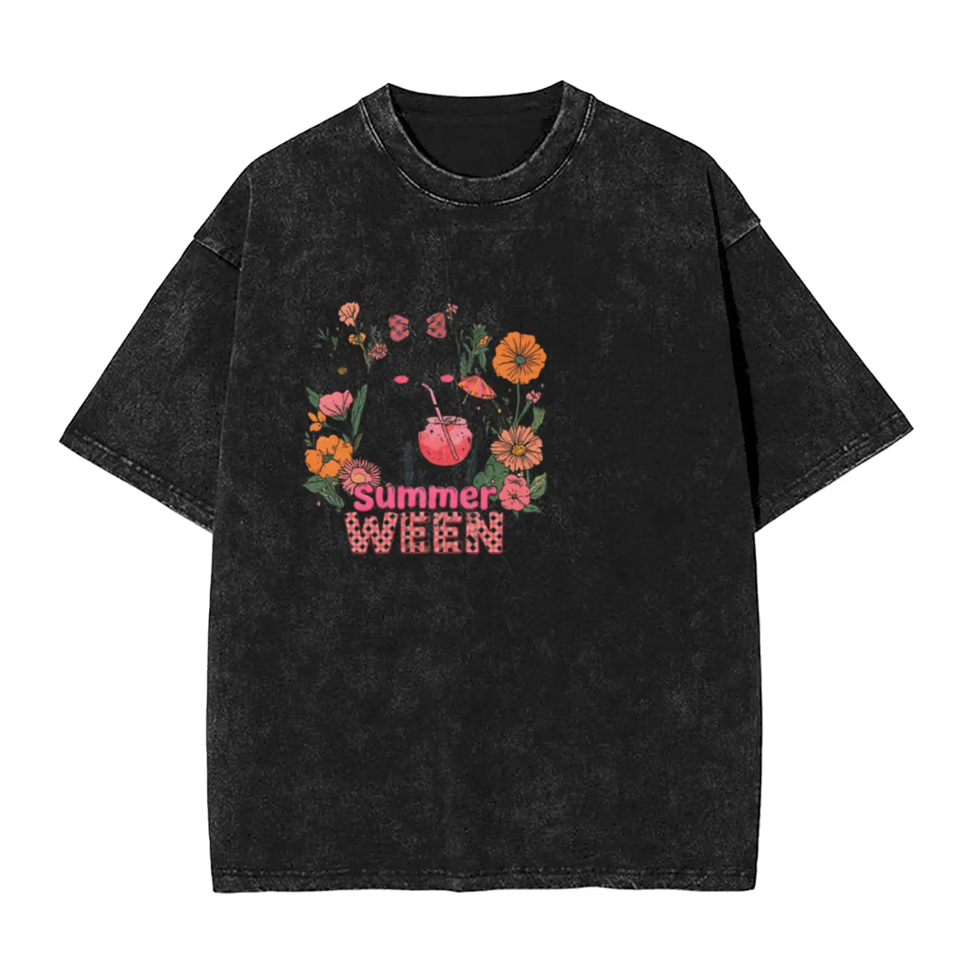 Summerween Cute Floral Ghost Girls Halloween  Unique Cool A Vintage Oversized Cotton Unisex T-Shirts