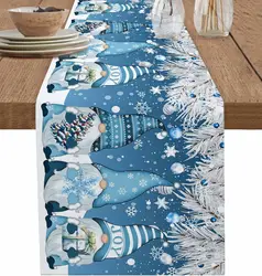 Christmas Blue Gnomes Linen Table Runner Winter Holiday Dresser Scarves Snowflake Leaves Table Runner Navidad Decoration 2025
