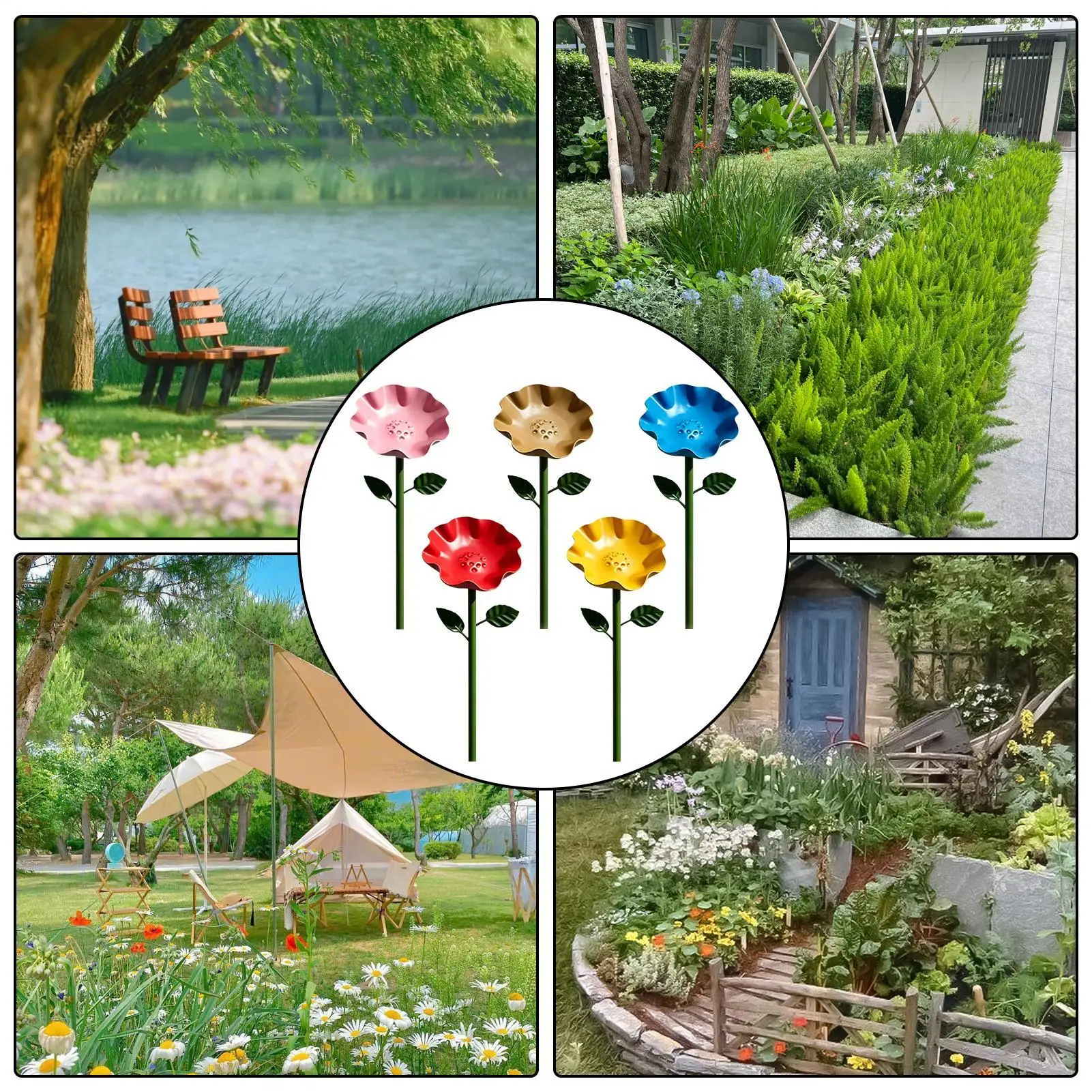 Bee Watering Cups 5 Pieces Decorative Flower Shaped Metal Spike Garden Bee Butterfly Drinking Cups For Outdoor Porch Balcony