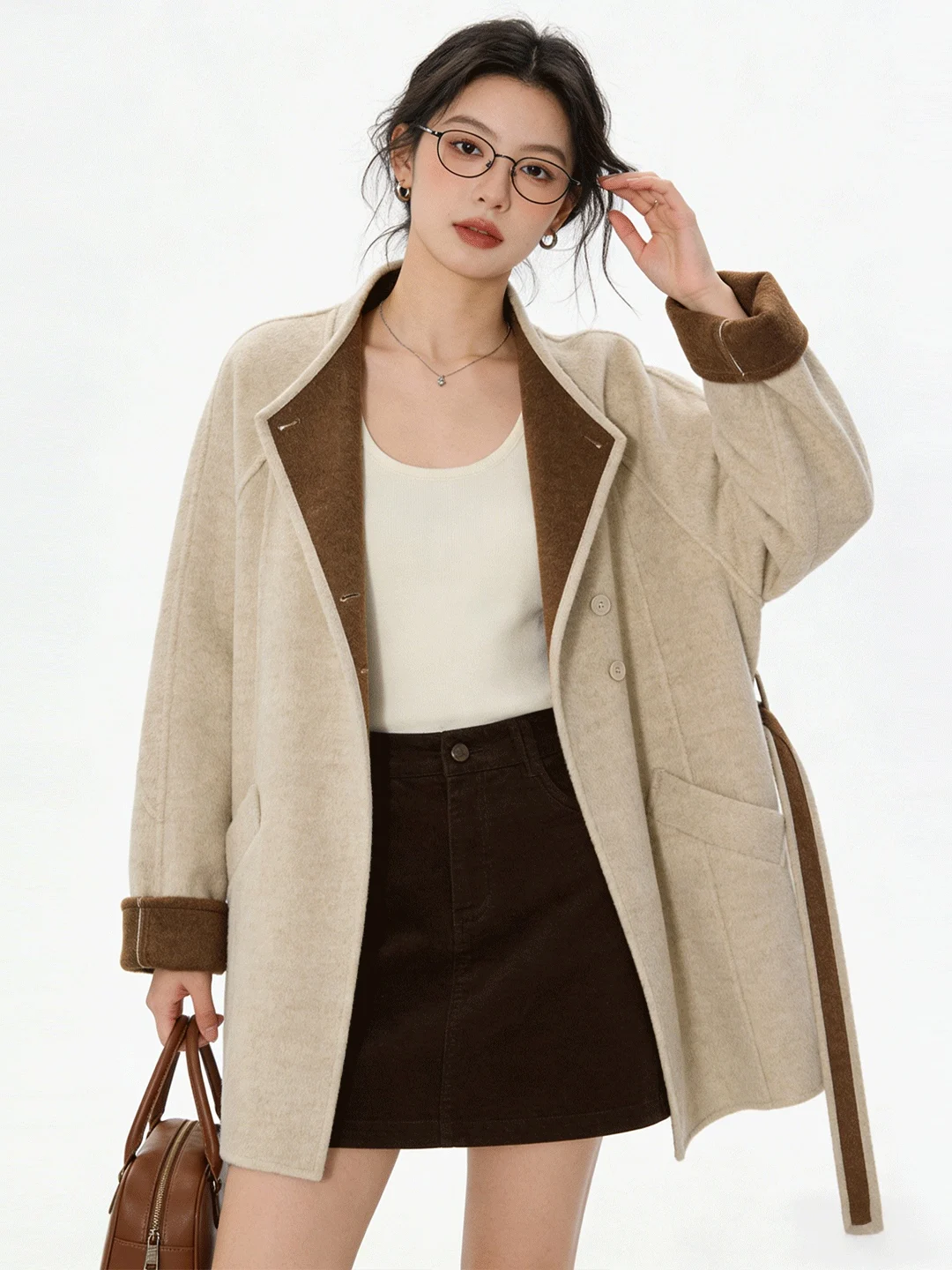Korean Style Unique Elegant Early Spring Atmosphere Color Block Stand Collar High Grade Woolen Coat Medium Length