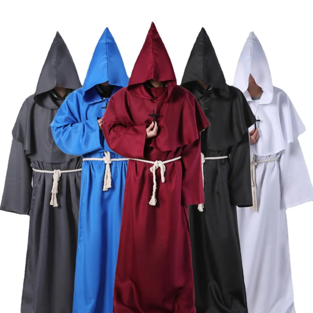 

Medieval Christian Friar Cosplay Costume Monk Hooded Robe Cross Necklace Waist Rope Set Priest Role Play Halloween Party