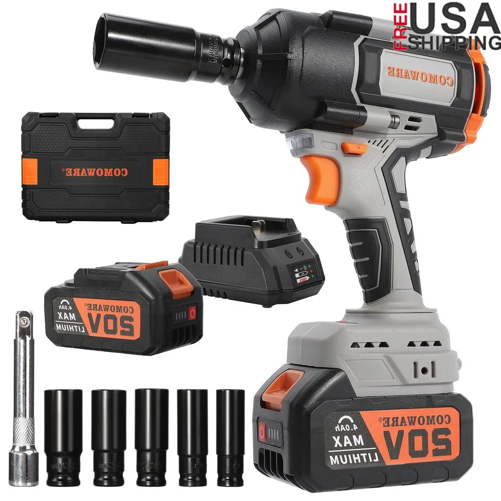 Cordless Impact Wrench 20V 1000N.m High Torque Brushless Motor 2x4.0Ah Battery LED Light Dual Speed 1/2 Inch Automotive Tool Kit