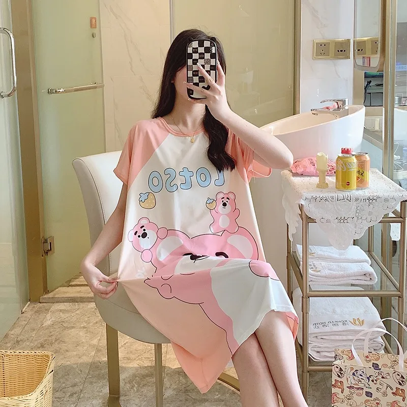 سانريو تنورة طويلة صيفية بأكمام قصيرة، فستان نوم على شكل دب الفراولة، ملابس مريحة غير رسمية، ملابس تنحيف على شكل دب الفراولة #3