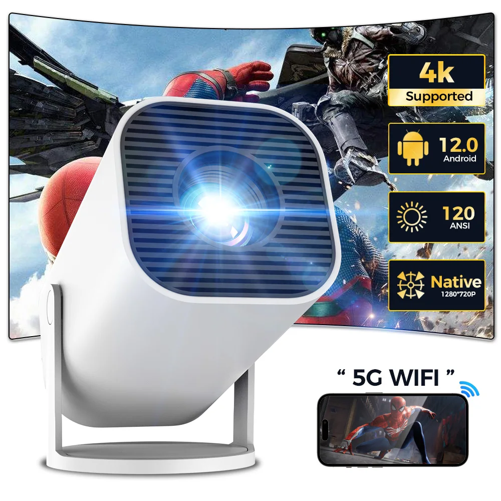 Smart Mini Projector 4K Android 12.0 720P Native 1280*720P Dual WIFI6 BT5.0 Outdoor Portable 180°Rotable Cinema Beam Projector
