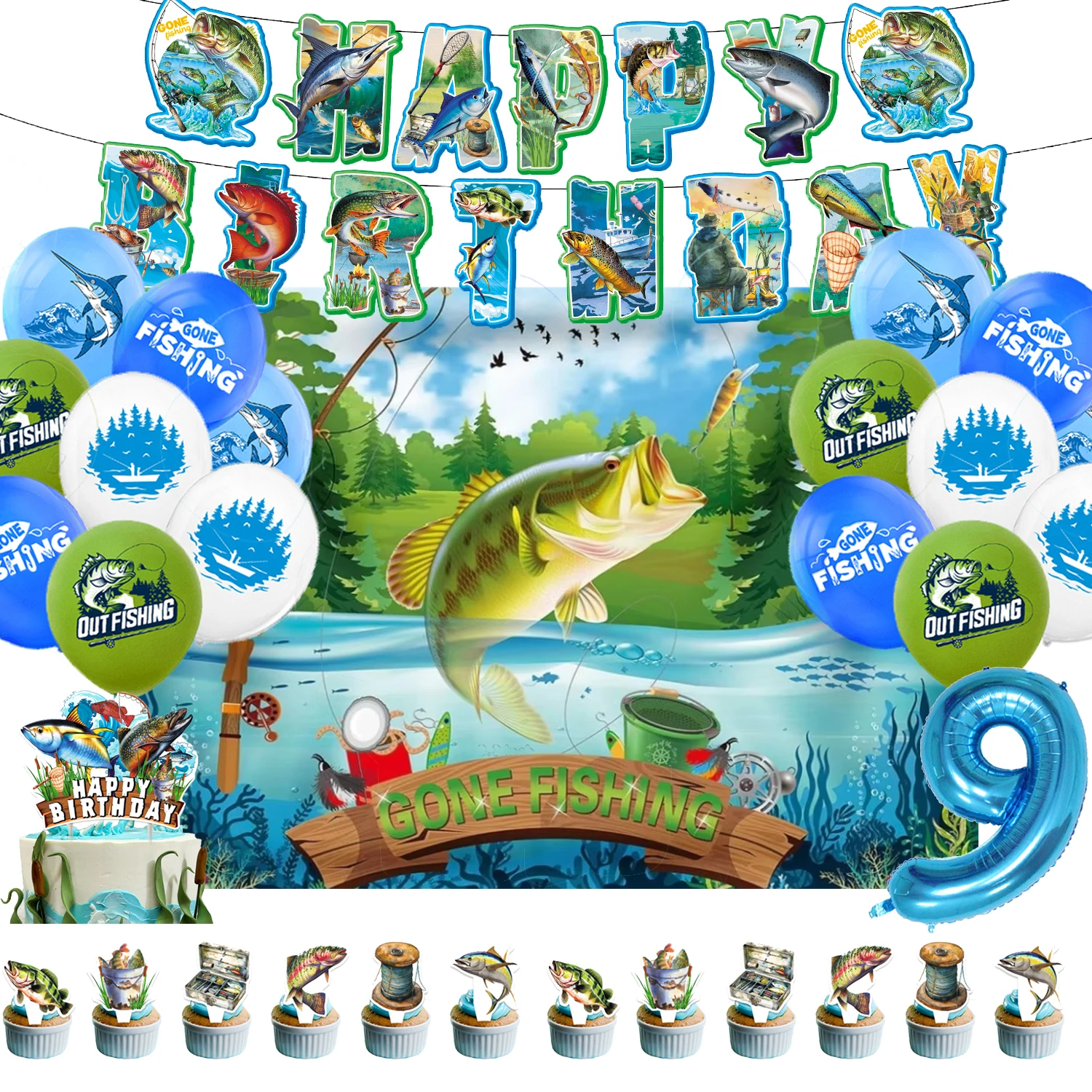 

Fishing Theme Photography Background Party Decoration Happy Birthday Banner Latex Number Balloon Cupcake Topper Insert Gift Prop