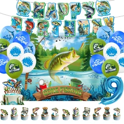 Fishing Theme Photography Background Party Decoration Happy Birthday Banner Latex Number Balloon Cupcake Topper Insert Gift Prop