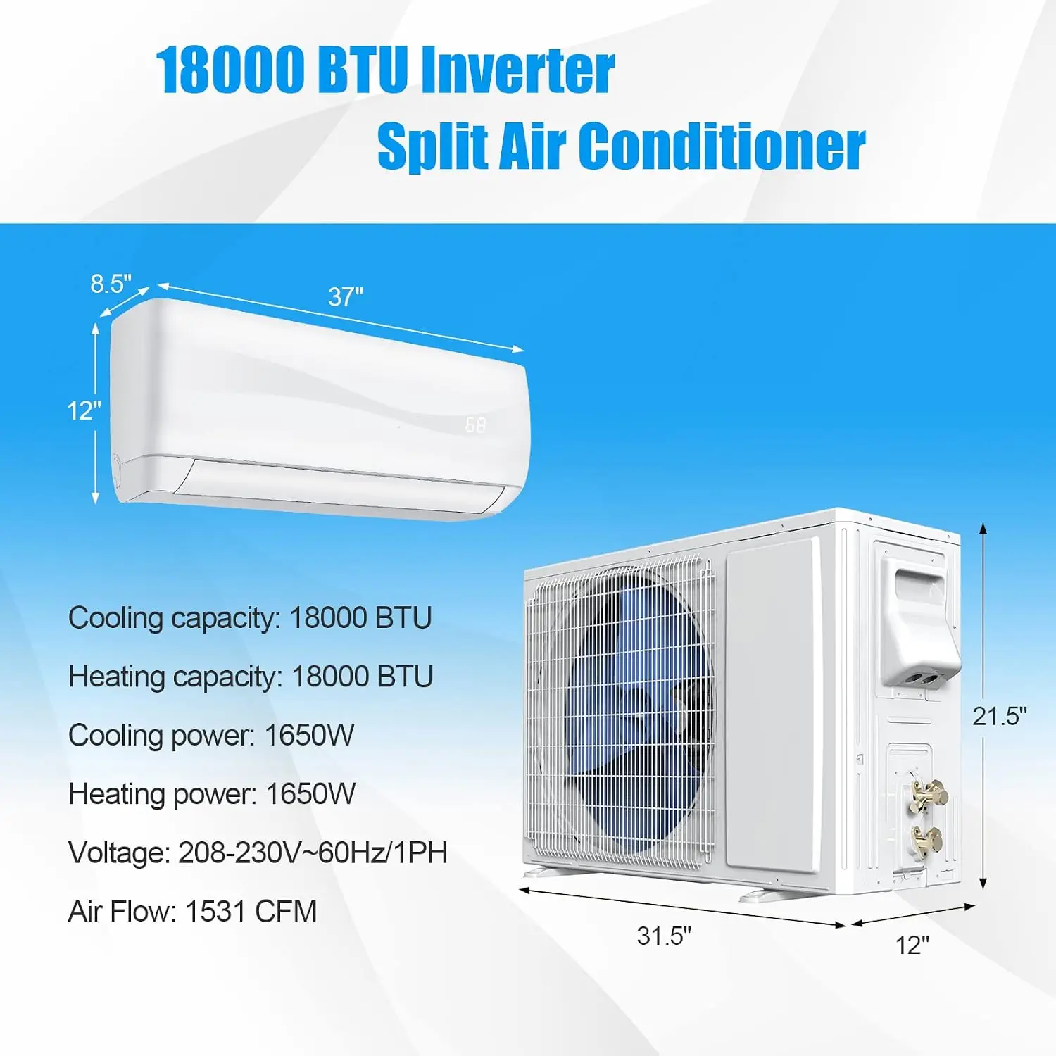 

18000 BTU Mini Split Air Conditioner & Heater, 19 SEER2 208-230V Pre-Charged Inverter Heat Pump System, Wall Mounted, Custom