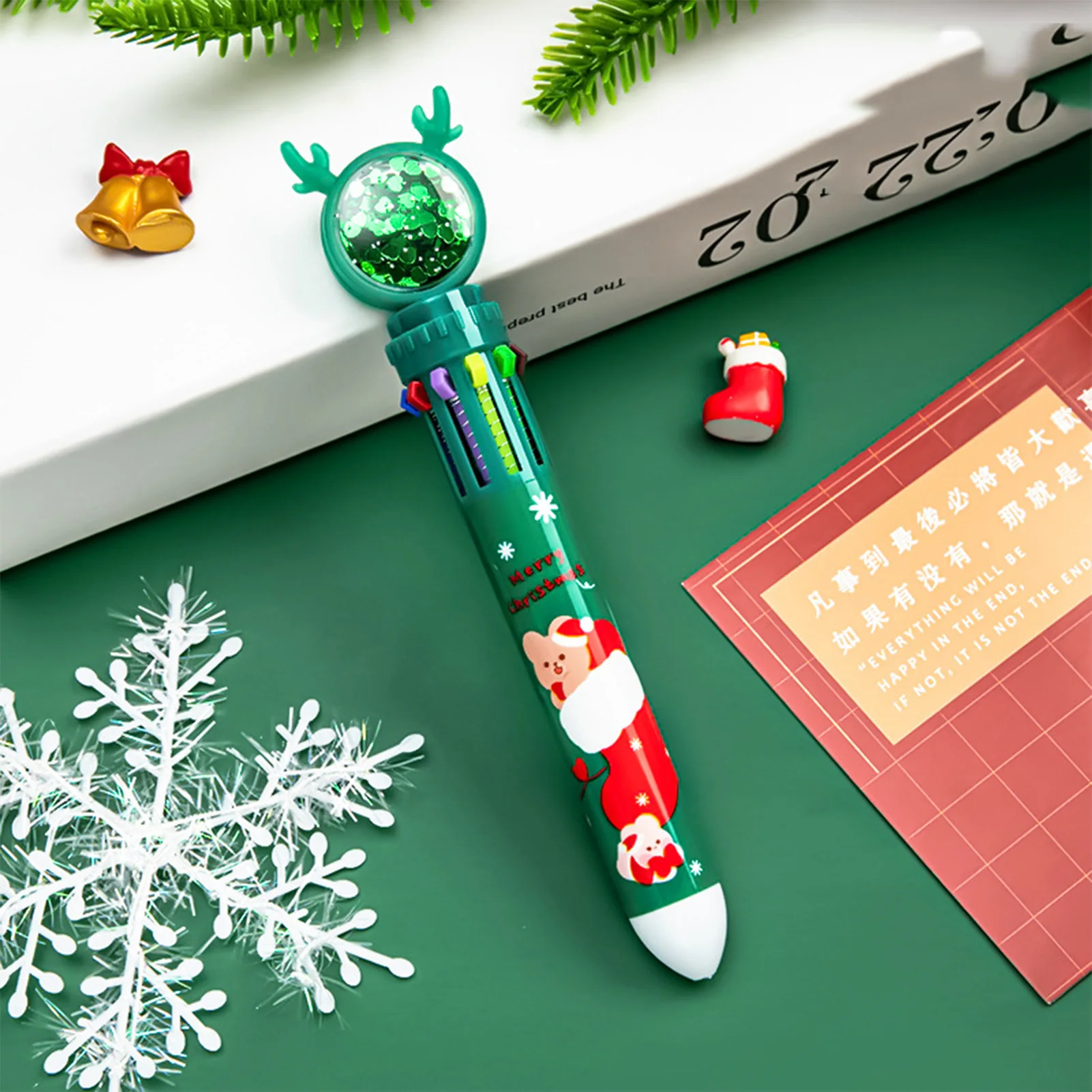 Christmas Cartoon Barrel Ballpoint Pen Durable 10-in-1 Multicolor Pens for Office School Supplies Students