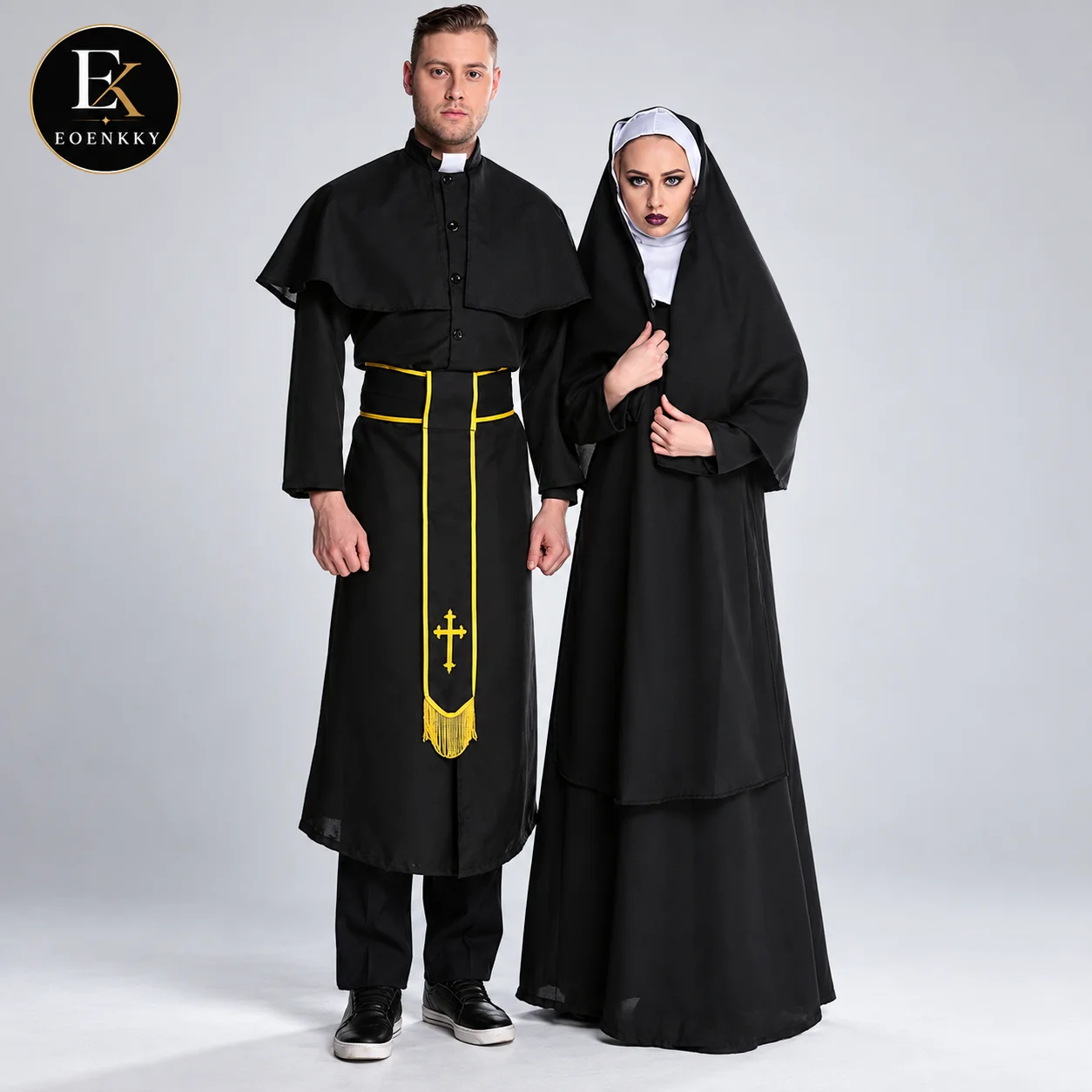 EOENKKY Halloween Couple Costume Priest Nun Cosplay Outfit Black Religious Robe Party Role Play Masquerade Costume Set