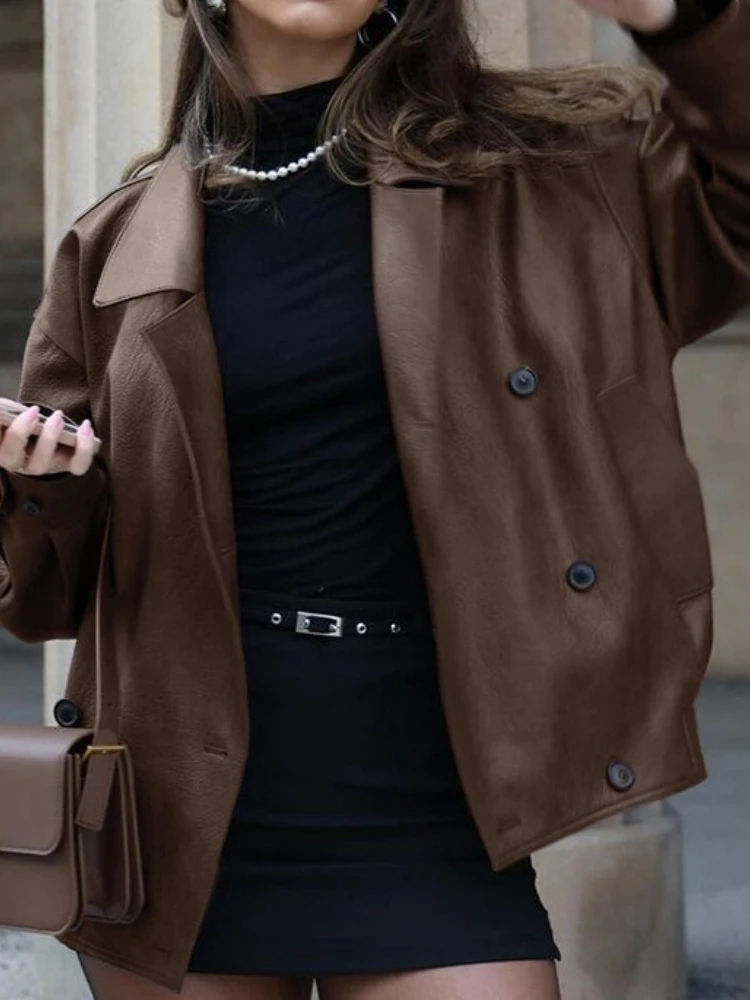 

New in Fashion Brown Large Collar Women's Leather Jacket Casual Loose Long Sleeved Pocket Short Coat Autumn Lady Streetwear