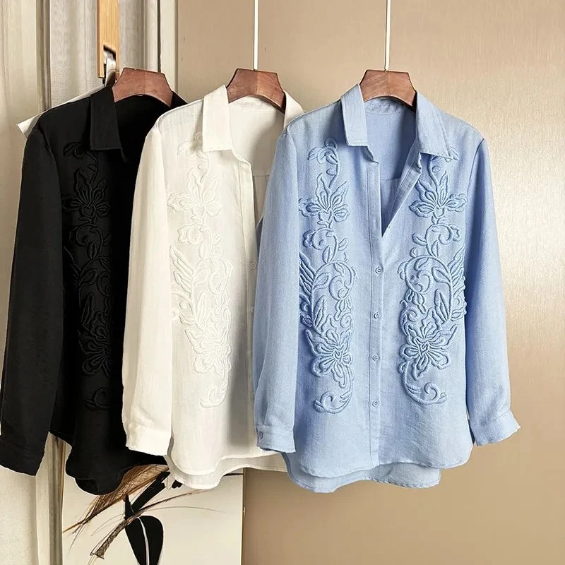 Summer Spring Mid-Length Jacket Women Women Shirt Coat Heavy Embroidery Loose Casual Shirt Daily Wear
