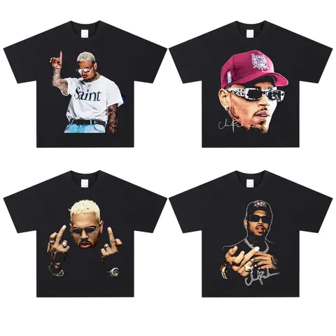 Chris Brown Hip Hop Rapper Print High Quality Pure Cotton T-Shirt Men's Summer American Retro Print Short Sleeve Top Clothing