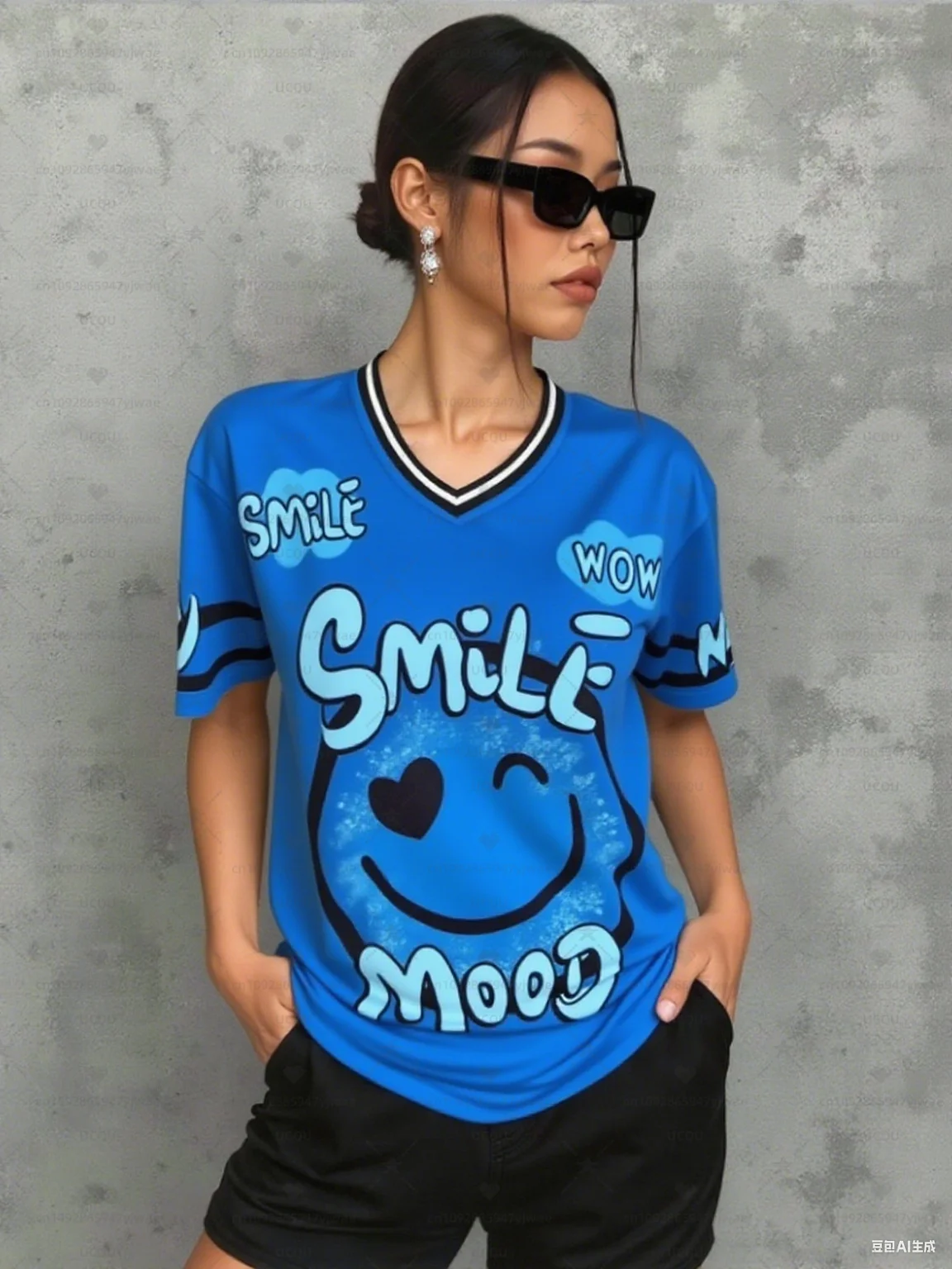 여성용 만화 패턴 프린트 V넥 반팔 티셔츠 여름 그래픽 티셔츠 야구 저지 플러스 사이즈 스포츠 티셔츠