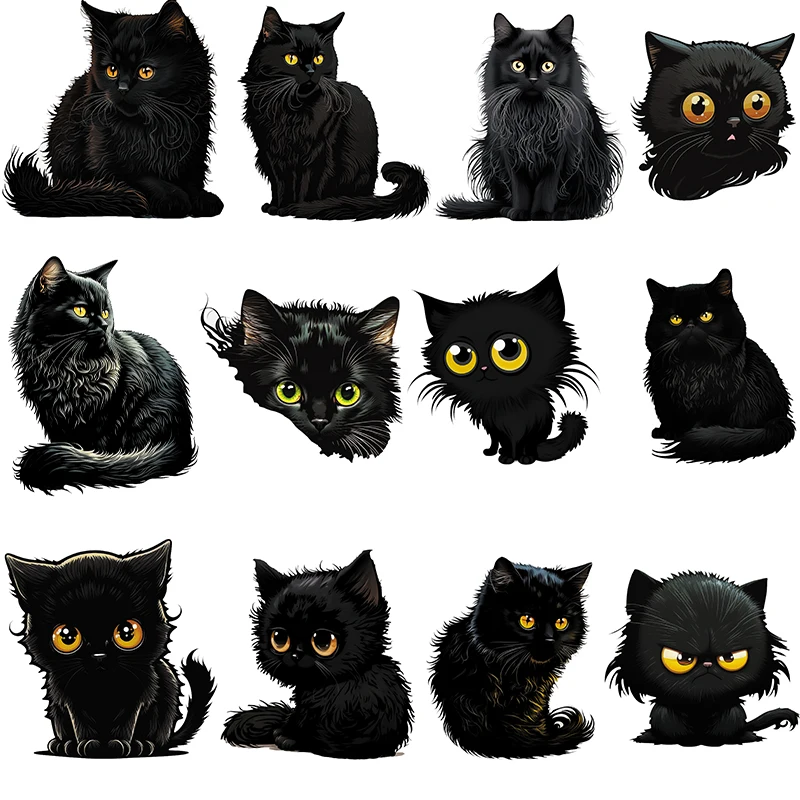 14 types Cartoon Black Cat  DTF Thermo Sticker Decals Heat Transfer Clothes Clothing Crafts Diy Accessory wholesale