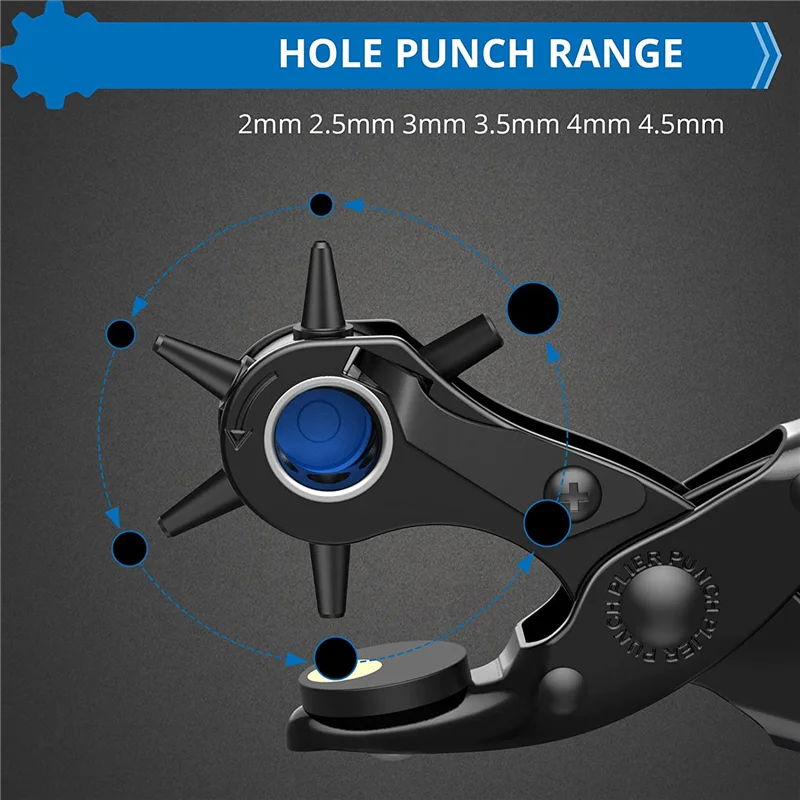 

Belt Hole Puncher For Leather, 6 Sizes Revolving Hole Punch Pliers Set With Ruler, Grinding Rod, Plastic Hammer