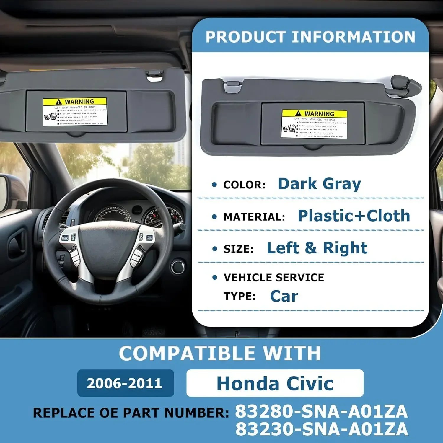 83230-SNA-A01ZA 83280-SNA-A01ZA 2pcs Front Left + Right Side Sun Visor Dark Gray For 2006-2011 Honda Civic Coupe Sedan