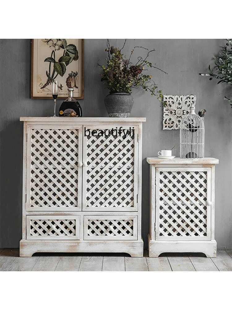 French Style Sideboard Cabinet Solid Wood Hollow Grid Vintage Wine Cabinet Wall Living Room Decoration Home Entrance Cabinet