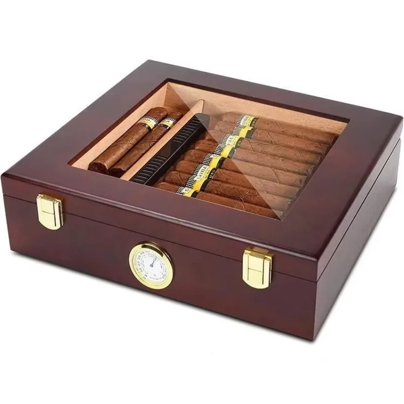 Gabinete humidificador de cigarros pequeño personalizable con estantes de cedro español y exhibición de humedad