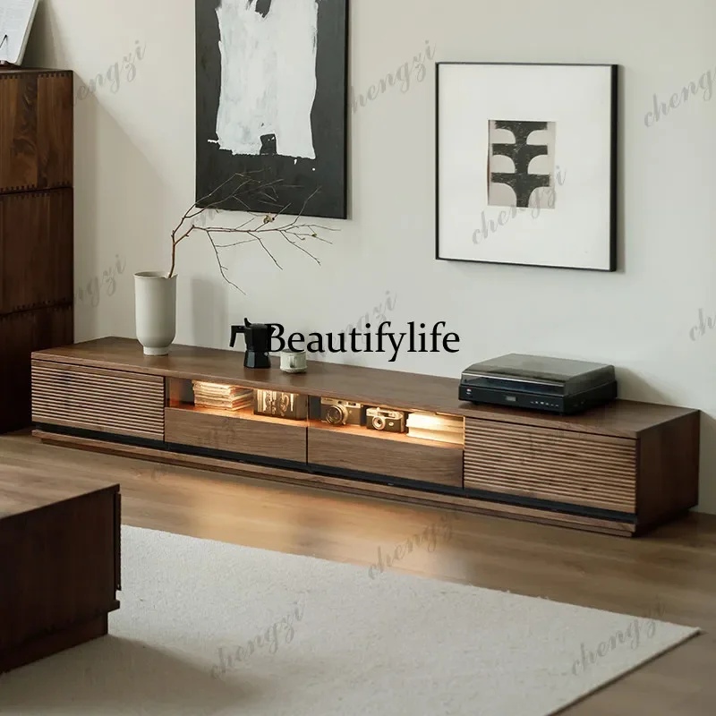 A4567 North American black walnut TV cabinet with lamp living room Japanese Italian solid wood floor-to-ceiling audio-visual cab