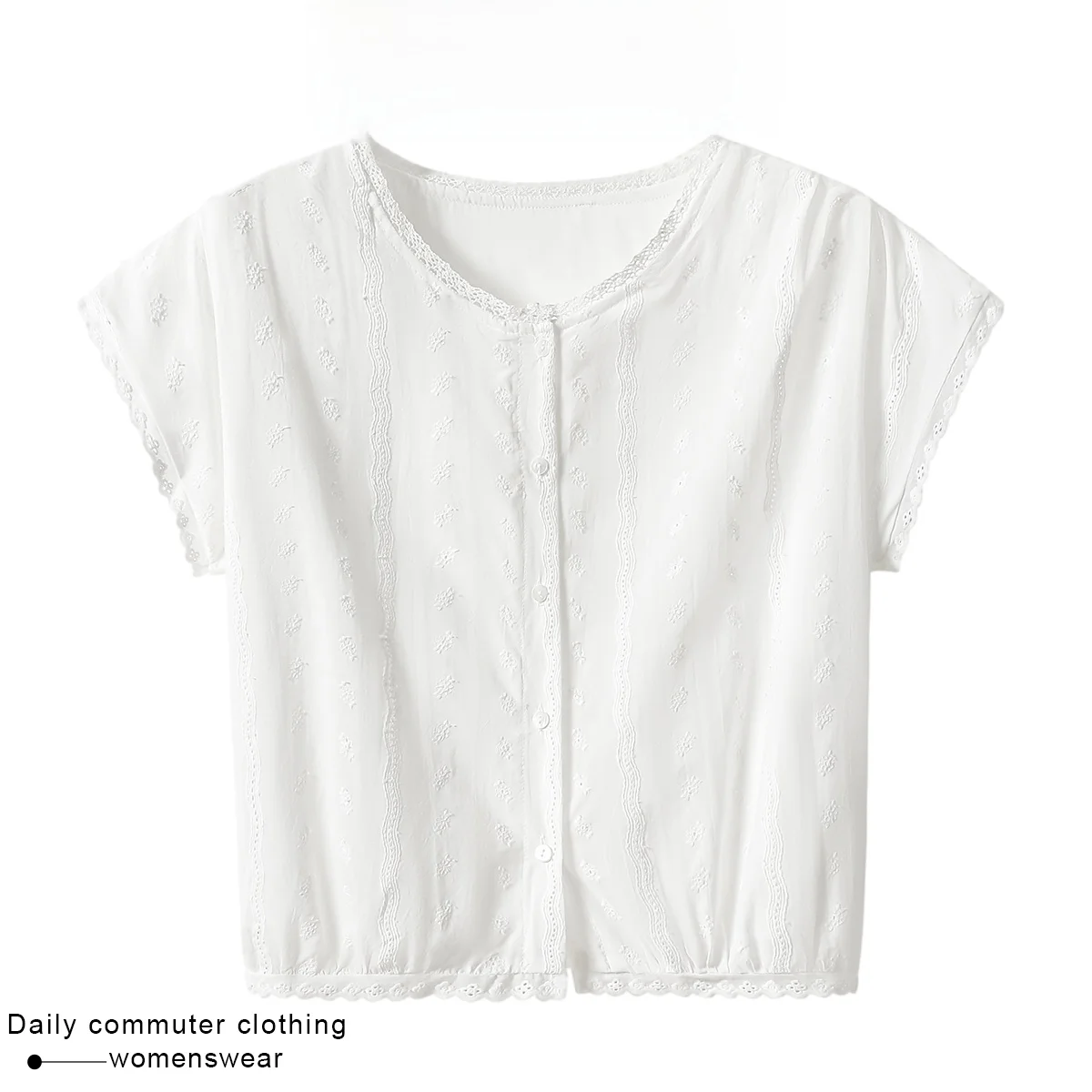 Loose Cotton round Neck Short Sleeve Hook Lace Trim Shirt Women's Summer New Style College Style Top Coshehkg Academy Wind