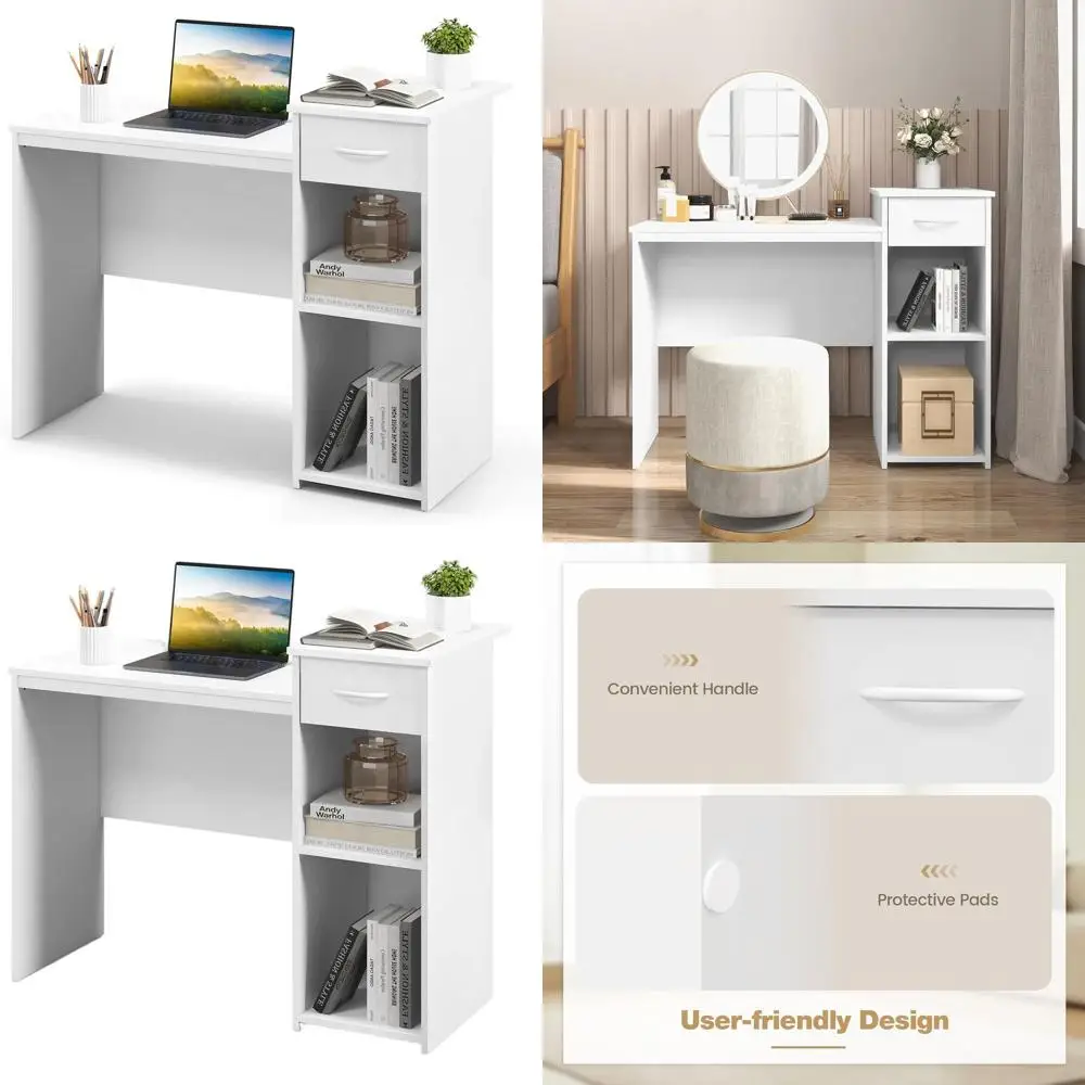 

Современный белый стол с регулируемой полкой и системой кабель-менеджмента, компактный компьютерный стол для домашнего офиса