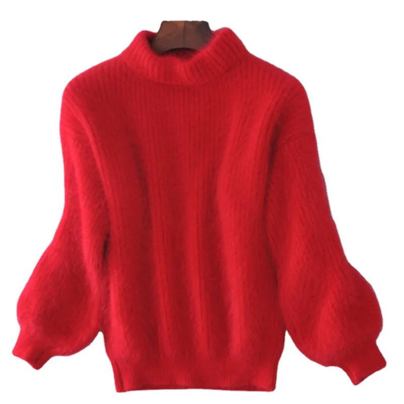 2023 Mohair Thicken Turtleneck Sweater Autumn Winter Sweet Fashion Lantern Sleeve Casual Solid Color Pullover pull femme