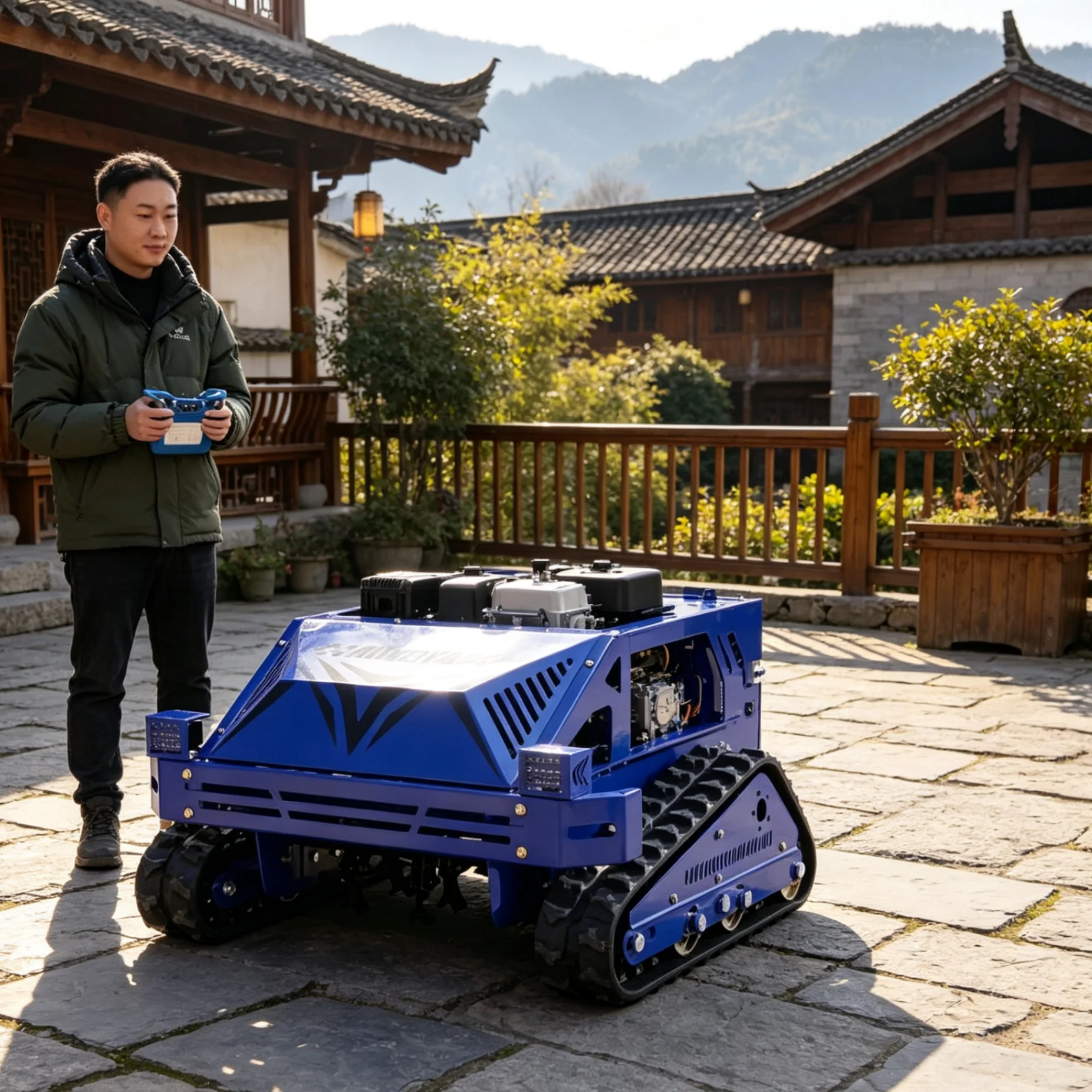 Customized self‑propelled remote‑controlled lawn mower comes with five optional add‑on functions, display screen, park orchard