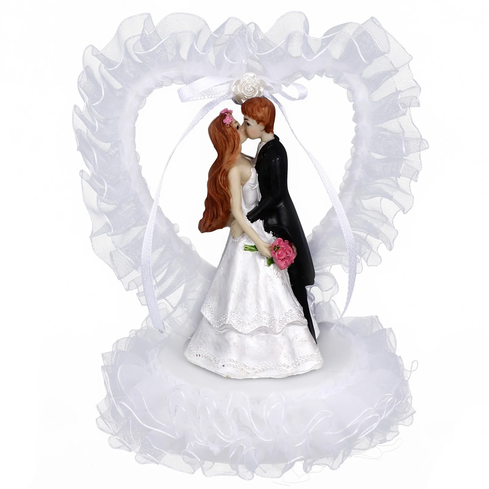 

Bride Groom Cake Topper Wedding Decoration Resin Adornment Heart Shaped Gauze Bridal Party Supplies Dessert Table Ornament Cake