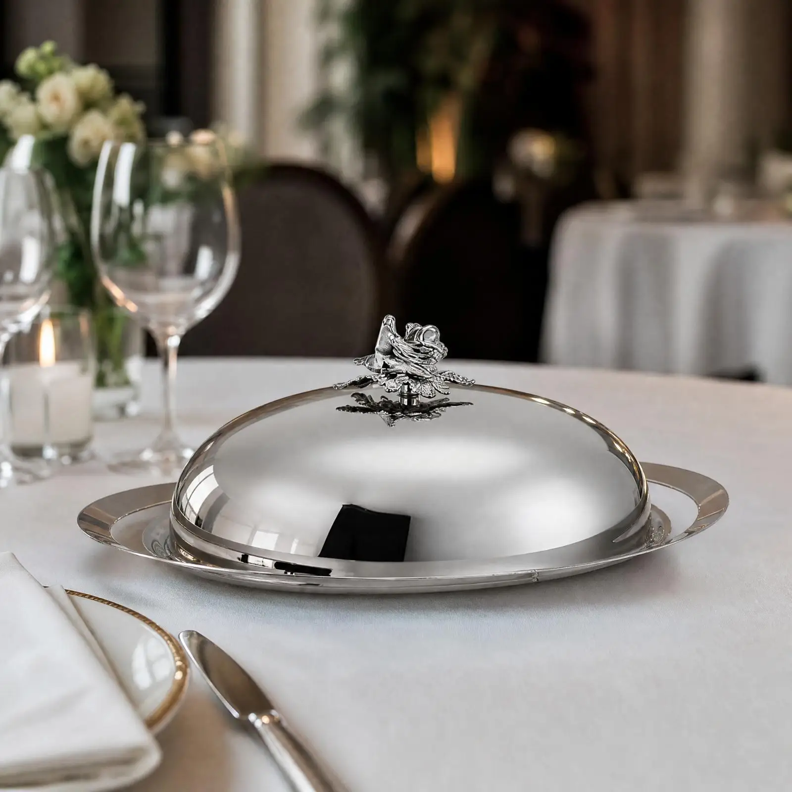 Heavy Duty 304 Stainless Steel Service Plate Covered Serving Tray Rectangular Platter with Handles for Dining Catering