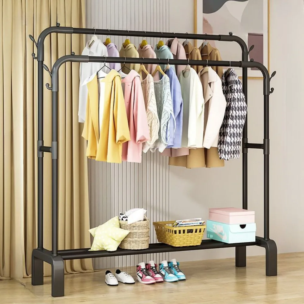 Double Pole Clothes Rack High-capacity Living Room Coat Racks Household Floor Type Hanger Balcony Assembled Clothes Drying Shelf 