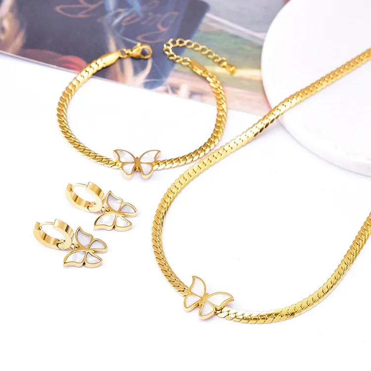 

Blade Chain Shell Butterfly Collarbone Chain Waterproof Cute Butterfly Bracelet Earring Fly Animal Choker Necklace Set for women