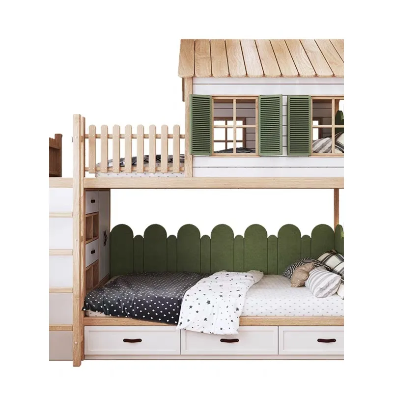 American solid wood house tree house bed, luxury castle bunk, mother and child bed with ladder cabinet