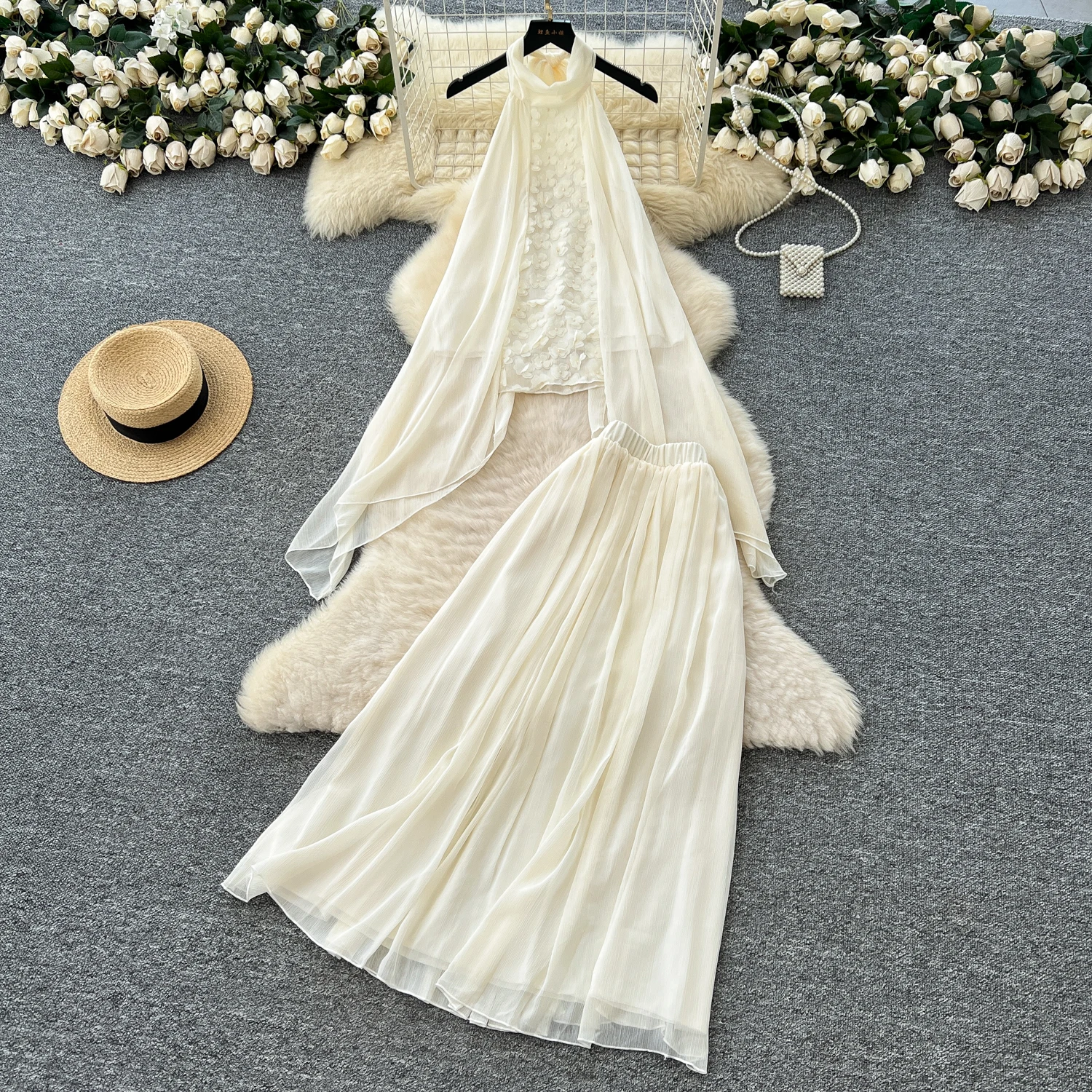 

Chic vintage asymmetrical halter mesh slim Elegant Fairy korean fashion Boho Sundress women clothing Two Piece Set