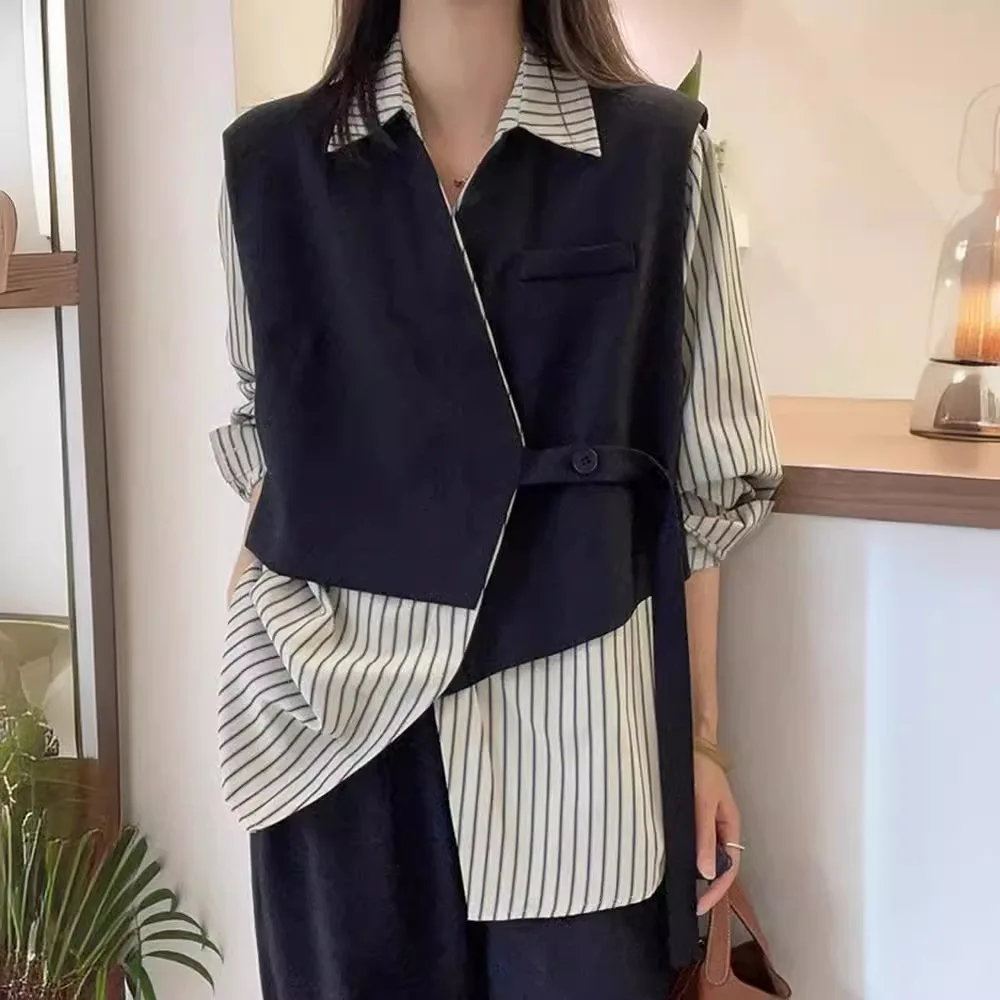 SuperAen 2024 Autumn Office Lady High End New Design Fake Two Piece Spliced Stripe Shirts for Women