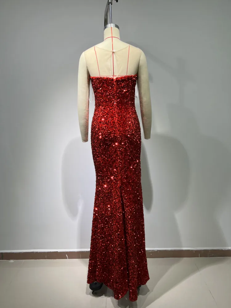 2024 New Arrival Red Color Women Sleeveless Sexy O-Neck Bodycon Long Dress Shinning Sequins Wedding Mermaid Party Dress