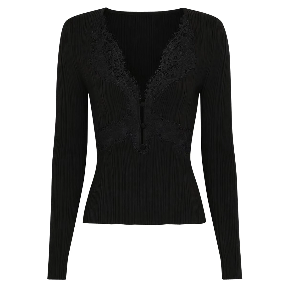 

2635 High-Quality Spring And Autumn New Style Fashionable Temperament Commuting Lace Edge Women Knitted Fabric Long Sleeved Top