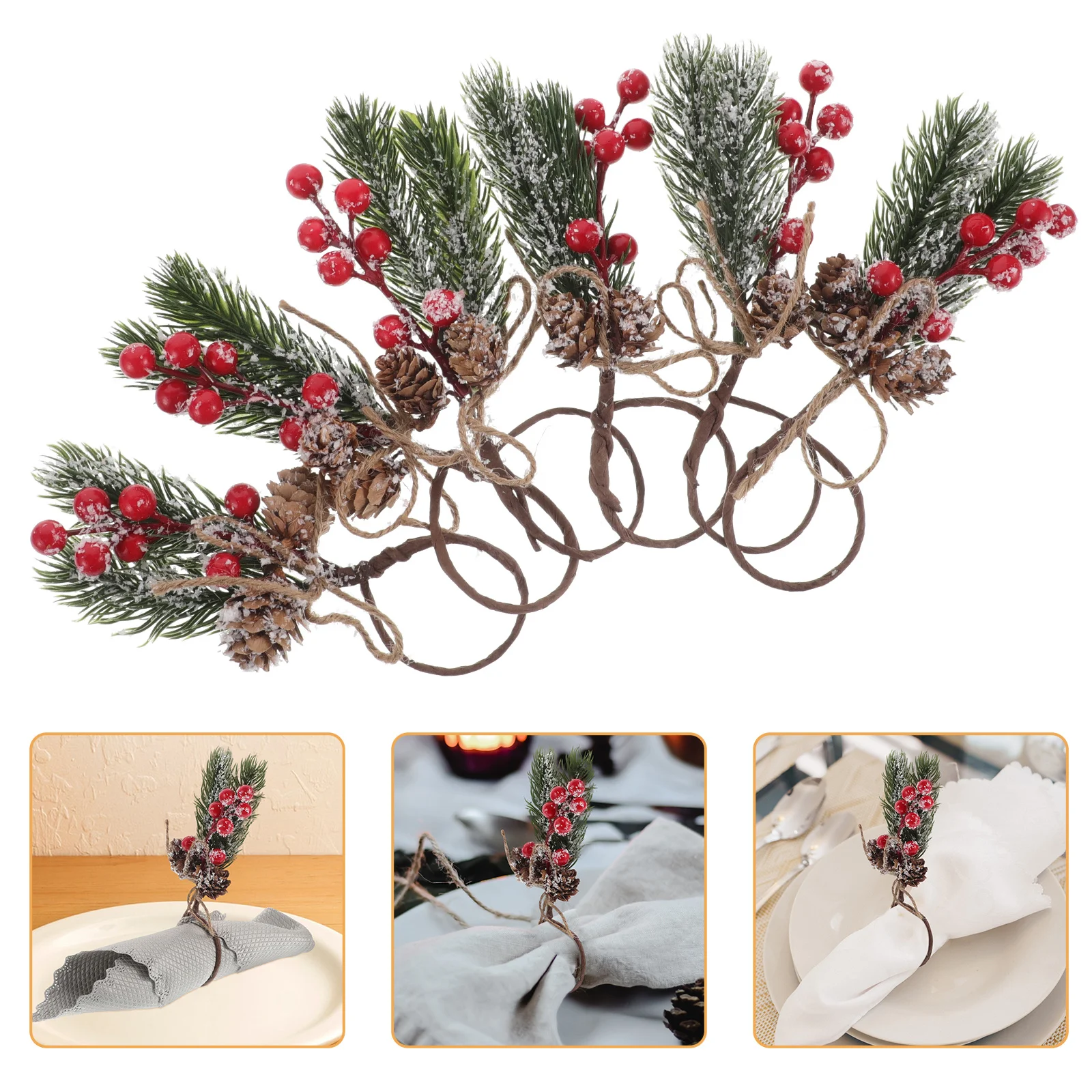 

6Pcs Christmas Napkin Rings Cedar Red Berry Handmade Elegant Holiday Party Table Decor Festive Dinners Napkin Rings
